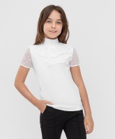 Блузка трикотажная с коротким рукавом и жабо белая Button Blue, школьная форма для девочек  фото, kupilegko.ru